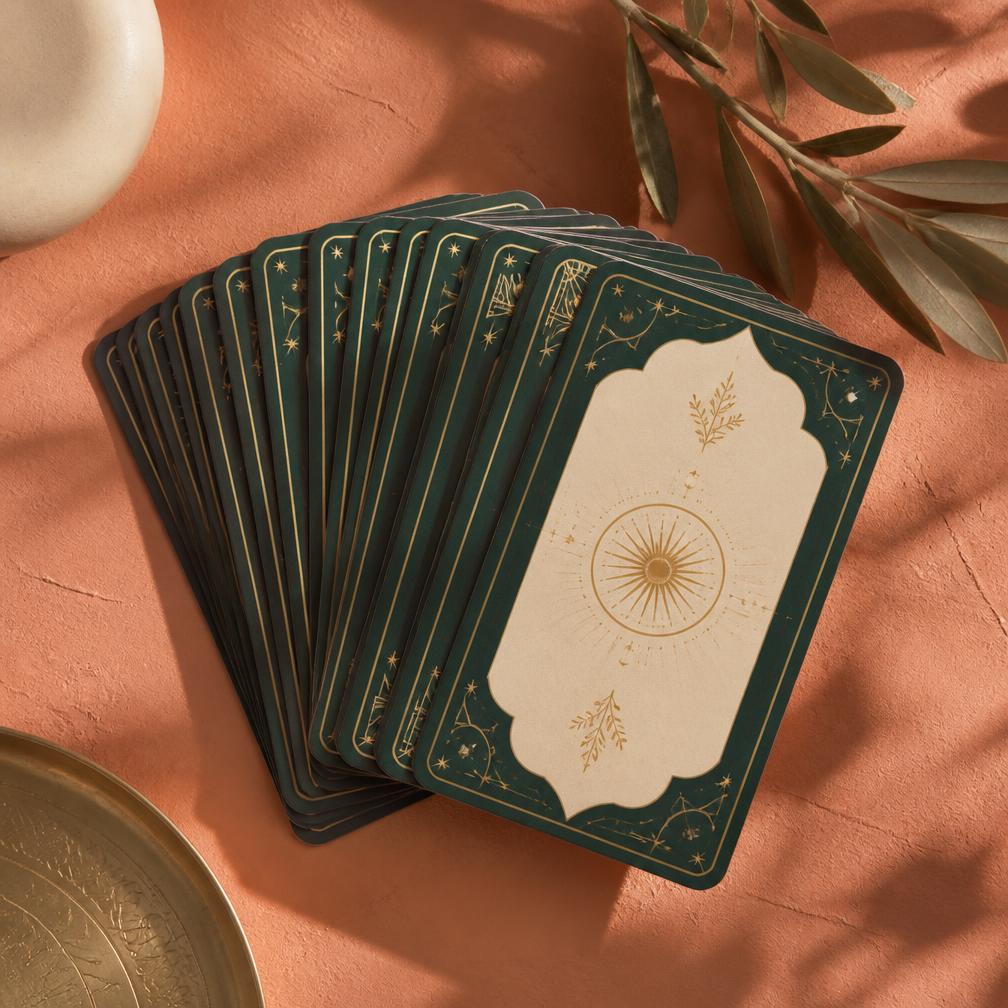 Deck of deep green and gold cards fanned on a terracotta surface