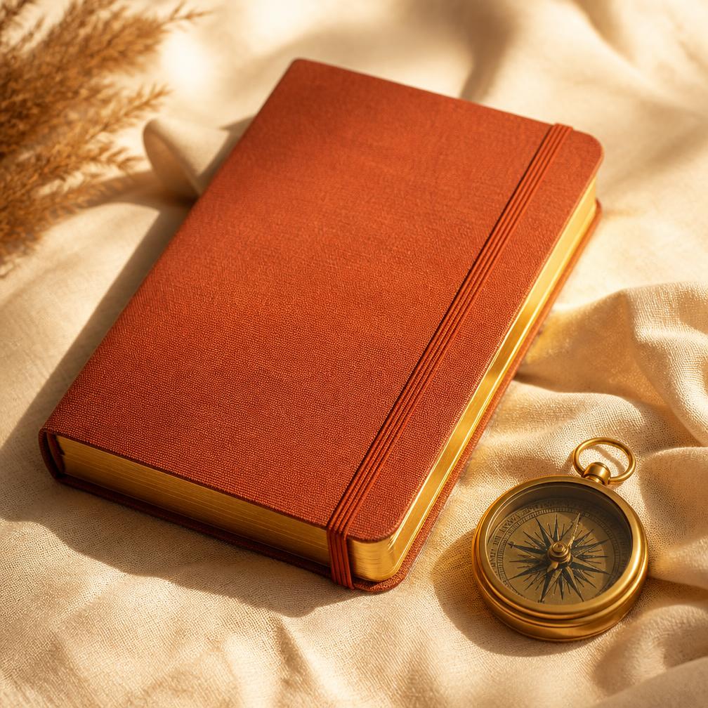 Terracotta linen travel journal with gold-edged pages beside a brass compass