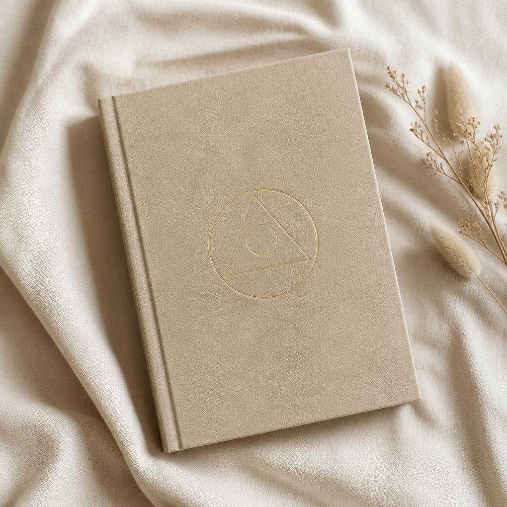 Sand-coloured workbook with gold foil emblem on cream linen