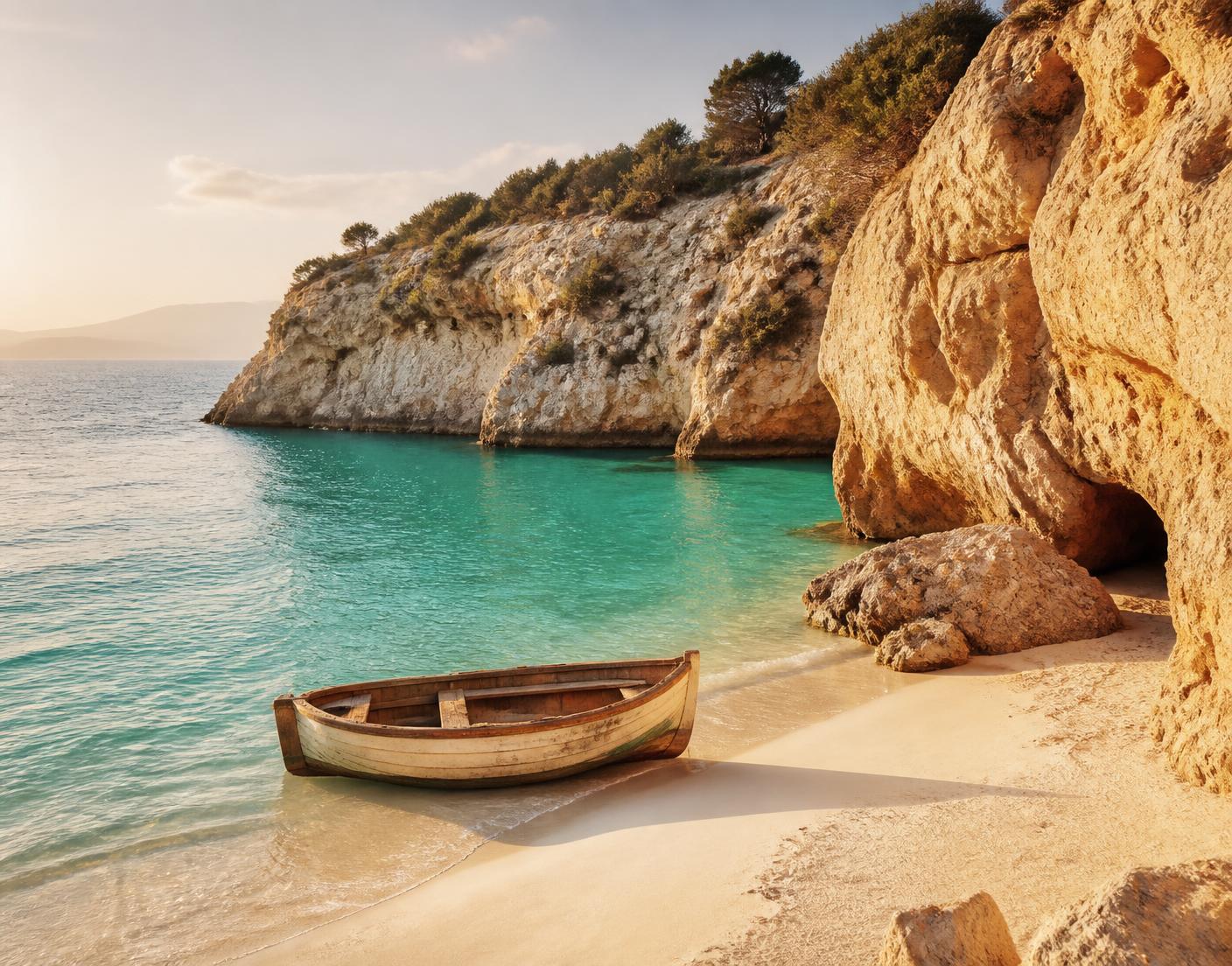 Quiet turquoise cove with pale sand and warm limestone cliffs at golden hour