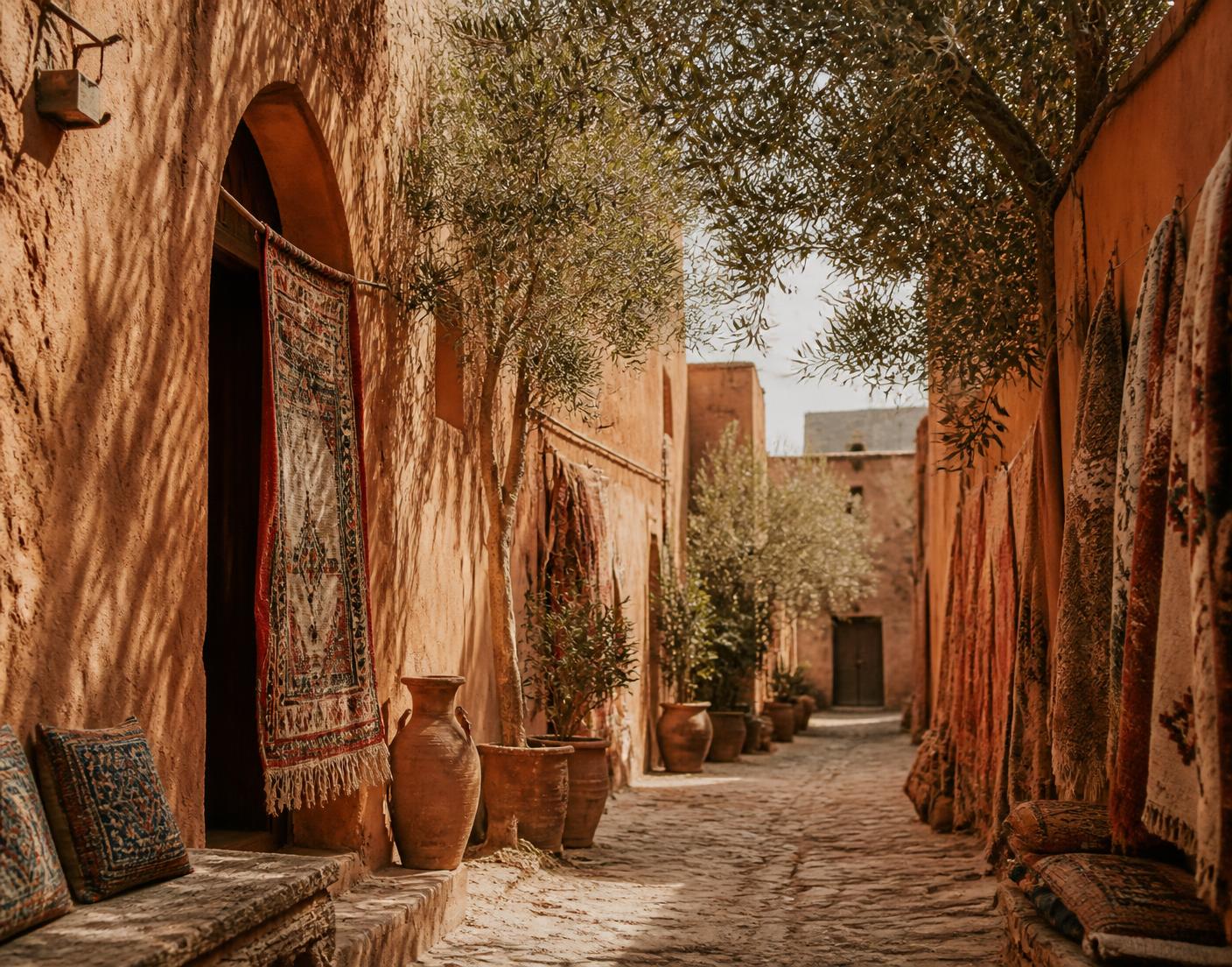 Sunlit terracotta village lane with olive trees and hanging textiles